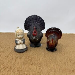 VTG Lot of 3 Thanksgiving Turkey Wax Candles Hand Painted Turkeys Pilgrim Gurley